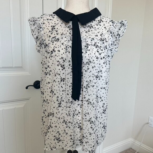 Cece Black White Floral print Sleeveless Collar Blouse Casual Tops M - Picture 1 of 6